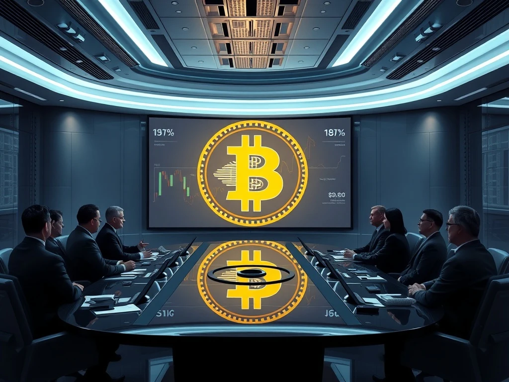 Bitcoin as a corporate treasury asset in a futuristic boardroom setting