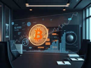 Corporate executives analyzing a chart showing Bitcoin news today, alongside Solana's price surge, representing strategic digital asset allocation.