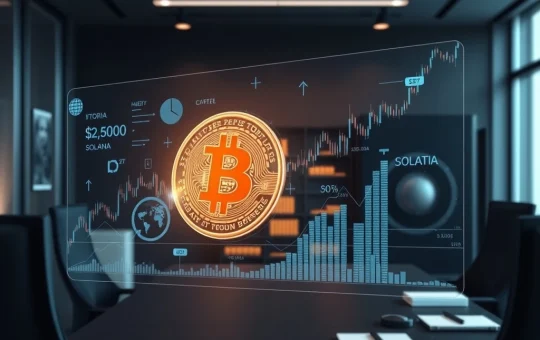 Corporate executives analyzing a chart showing Bitcoin news today, alongside Solana's price surge, representing strategic digital asset allocation.