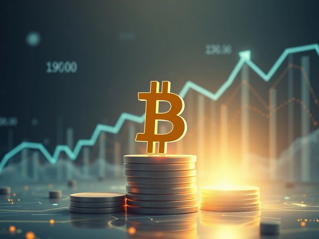 An abstract representation of a thriving digital assets market, with Bitcoin's symbol rising amidst investment charts, symbolizing Pure Crypto's new fund aiming to capitalize on the speculative surge.