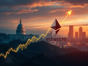 Dynamic charts showing the Bitcoin crypto market surging, influenced by Trump's policies and institutional adoption, with ETH ETFs gaining.