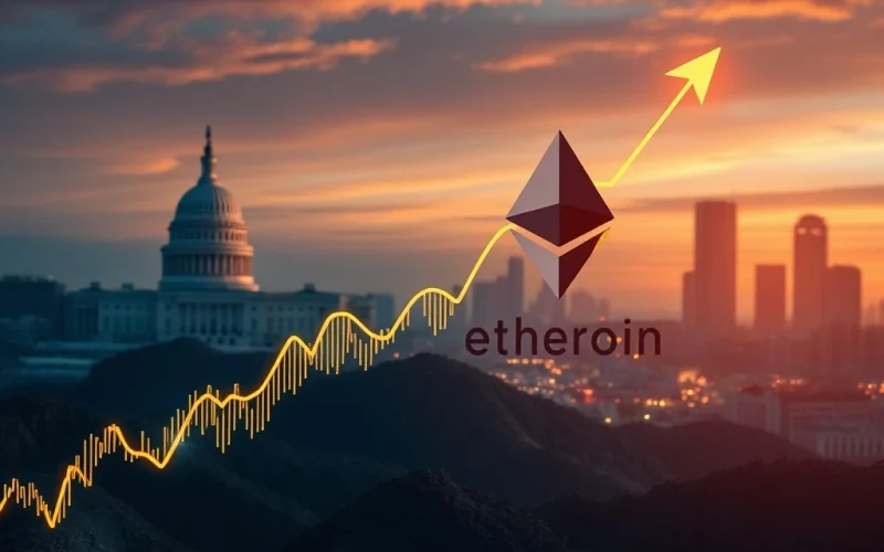 Dynamic charts showing the Bitcoin crypto market surging, influenced by Trump's policies and institutional adoption, with ETH ETFs gaining.
