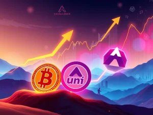 Bitcoin News Today: A visual representation of the powerful crypto rally driven by Bitcoin, Uniswap, and Avalanche, symbolizing market growth and innovation.