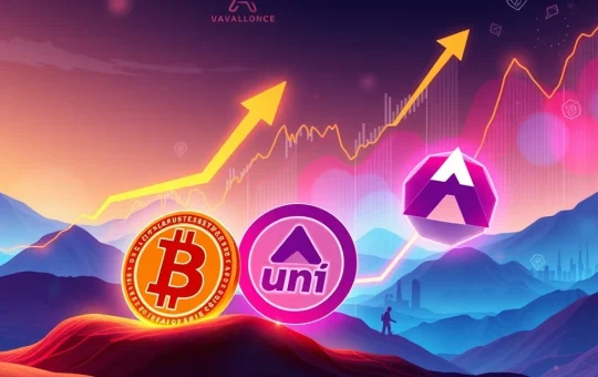 Bitcoin News Today: A visual representation of the powerful crypto rally driven by Bitcoin, Uniswap, and Avalanche, symbolizing market growth and innovation.
