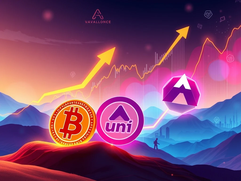 Bitcoin News Today: A visual representation of the powerful crypto rally driven by Bitcoin, Uniswap, and Avalanche, symbolizing market growth and innovation.
