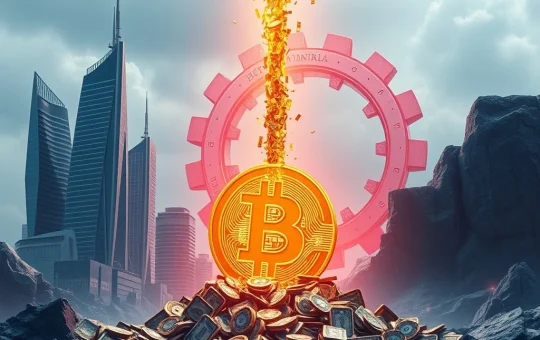 A visual metaphor showing the Bitcoin cycle theory breaking apart due to the overwhelming force of institutional adoption, representing new market dynamics.