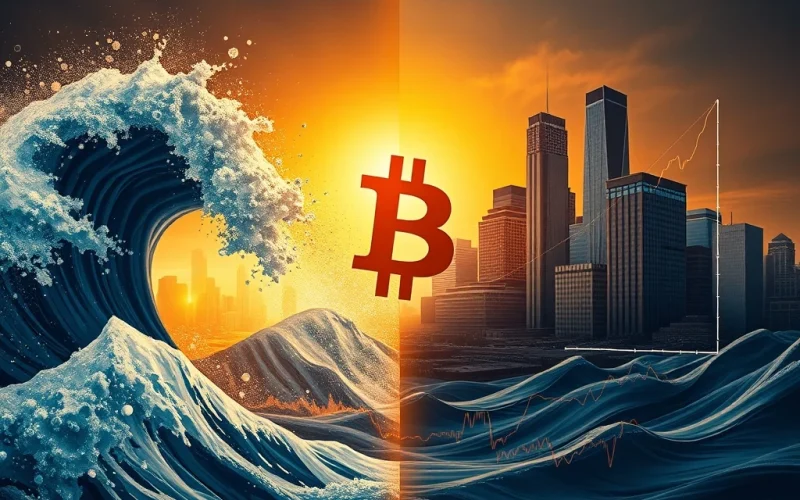 A visual representation of the Bitcoin market shifting from volatile retail cycles to stable institutional adoption, highlighting the obsolete Bitcoin cycle theory.