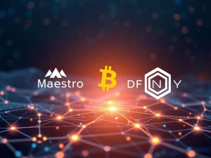 A visual metaphor of secure data flow between Bitcoin and the Internet Computer Protocol, symbolizing Maestro and DFINITY's partnership in enhancing Bitcoin DeFi.