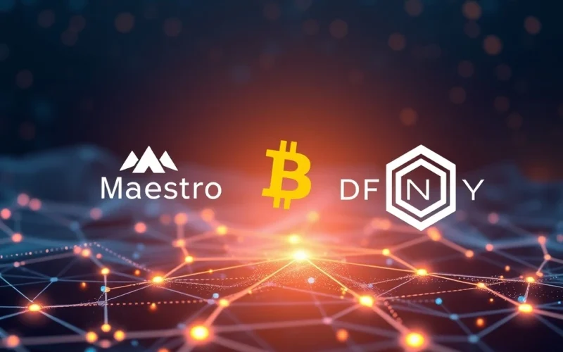 A visual metaphor of secure data flow between Bitcoin and the Internet Computer Protocol, symbolizing Maestro and DFINITY's partnership in enhancing Bitcoin DeFi.