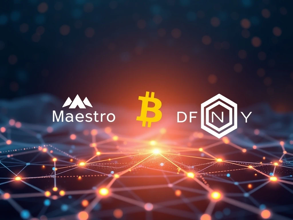 A visual metaphor of secure data flow between Bitcoin and the Internet Computer Protocol, symbolizing Maestro and DFINITY's partnership in enhancing Bitcoin DeFi.
