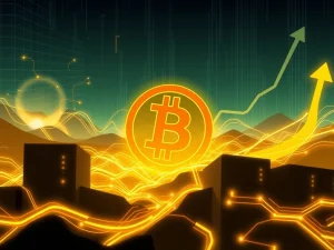 A visual representation of Bitcoin difficulty increasing, showing mining rigs and a secure blockchain network.