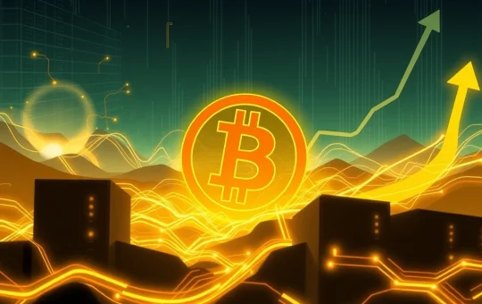 A visual representation of Bitcoin difficulty increasing, showing mining rigs and a secure blockchain network.