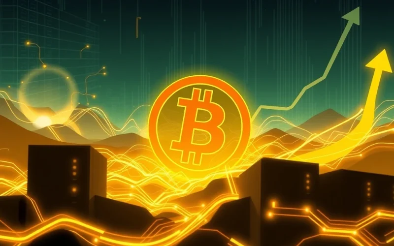 A visual representation of Bitcoin difficulty increasing, showing mining rigs and a secure blockchain network.
