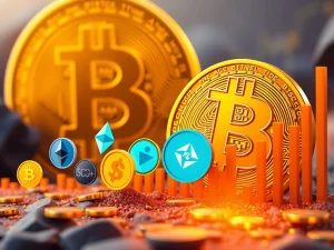 A visual representation of Bitcoin Dominance decreasing as altcoin market share expands, showing shifting power in the crypto market.