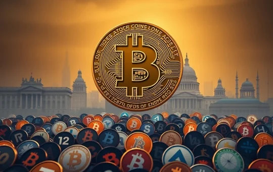 A powerful Bitcoin logo asserting its dominance over smaller altcoin symbols, illustrating the current Bitcoin dominance in the crypto market.