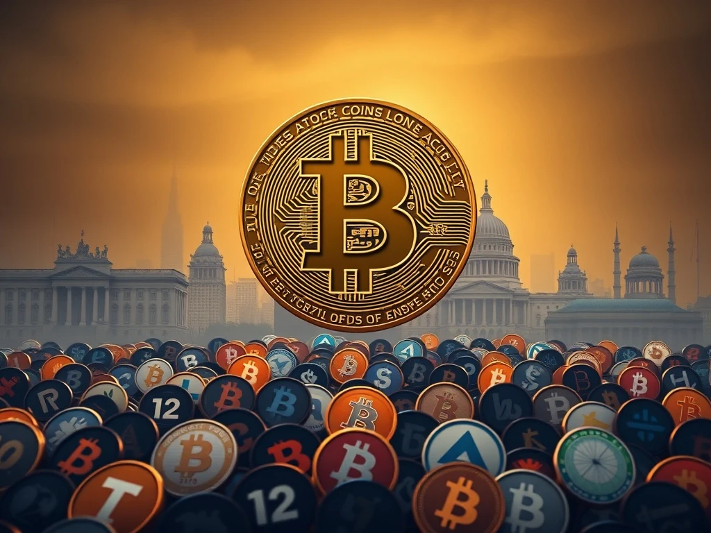 A powerful Bitcoin logo asserting its dominance over smaller altcoin symbols, illustrating the current Bitcoin dominance in the crypto market.