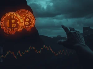 A visual representation of Bitcoin dormant coins reawakening, impacting the BTC price drop on market charts, symbolizing market volatility.