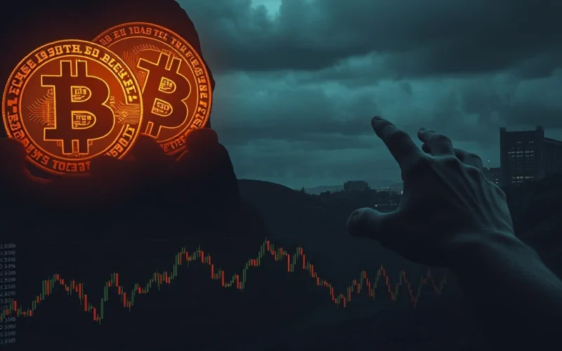 A visual representation of Bitcoin dormant coins reawakening, impacting the BTC price drop on market charts, symbolizing market volatility.