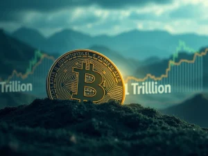 A visual representation of dormant Bitcoin coins re-entering circulation, alongside charts showing recent Bitcoin market volatility and its realized value hitting $1 trillion.