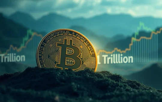A visual representation of dormant Bitcoin coins re-entering circulation, alongside charts showing recent Bitcoin market volatility and its realized value hitting $1 trillion.
