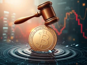 A gavel striking down on a Bitcoin ETF symbol, illustrating the SEC's sudden reversal of the diversified crypto fund approval.