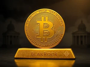 Bitcoin ETF and gold bars representing central bank reserve shifts, driven by BlackRock's influence.
