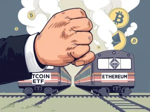 SEC's hand pausing a Bitcoin ETF train, symbolizing the regulatory halt on crypto ETF approvals and ongoing scrutiny.