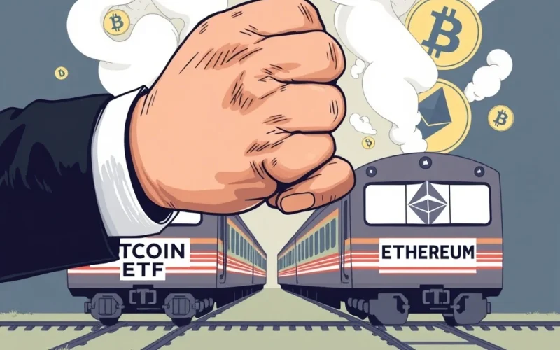 SEC's hand pausing a Bitcoin ETF train, symbolizing the regulatory halt on crypto ETF approvals and ongoing scrutiny.