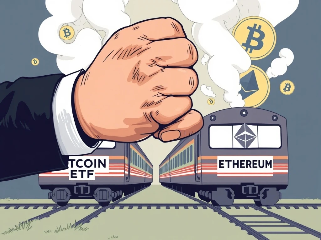 SEC's hand pausing a Bitcoin ETF train, symbolizing the regulatory halt on crypto ETF approvals and ongoing scrutiny.
