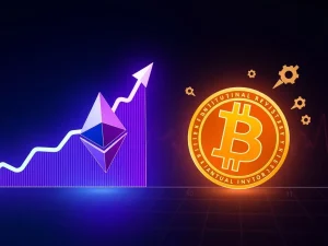 Visualizing Bitcoin ETF inflows rebounding and Ethereum ETF performance soaring, reflecting current crypto market trends.