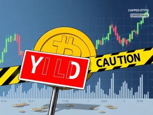 Bitcoin ETF chart showing capped gains and volatility, representing the scrutiny of YBIT's high crypto yield strategy.