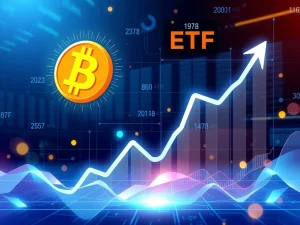 Bitcoin ETFs showing sustained inflow with a rising graph and institutional investors