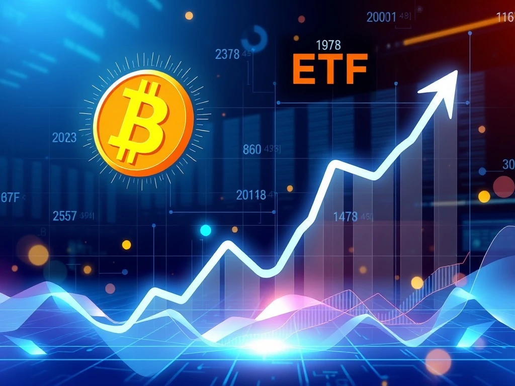 Bitcoin ETFs showing sustained inflow with a rising graph and institutional investors