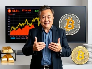 Robert Kiyosaki offering strategic investment advice on Bitcoin ETFs and physical assets, symbolizing accessible growth versus tangible security.