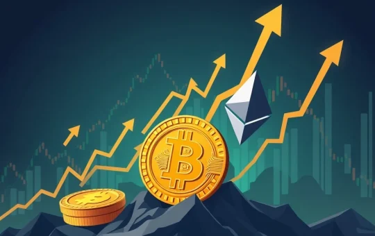 A vibrant depiction of the cryptocurrency market's explosive growth, highlighting Bitcoin, Ethereum, and other digital assets rising, symbolizing a strong bull run.