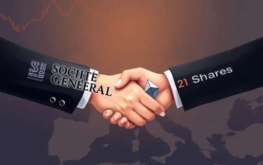 Societe Generale and 21Shares logos merging over a chart, symbolizing boosted Bitcoin ETP liquidity in Europe.