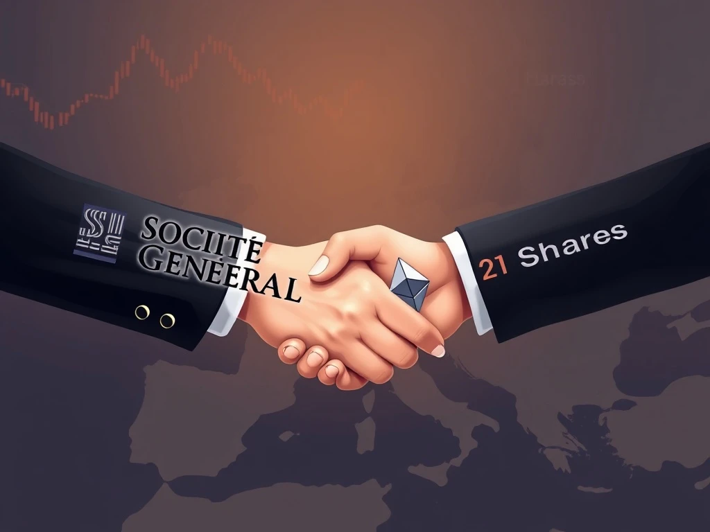 Societe Generale and 21Shares logos merging over a chart, symbolizing boosted Bitcoin ETP liquidity in Europe.