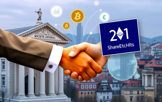 Societe Generale and 21Shares collaborate to enhance Bitcoin ETP liquidity, symbolizing a bridge between traditional finance and crypto.