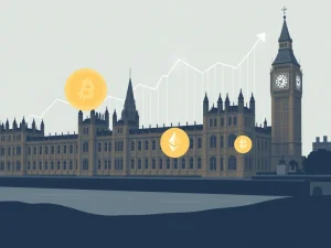 A digital representation of the UK financial landscape with Bitcoin and Ethereum symbols, illustrating the **UK FCA**'s proposed policy shift for retail crypto access.