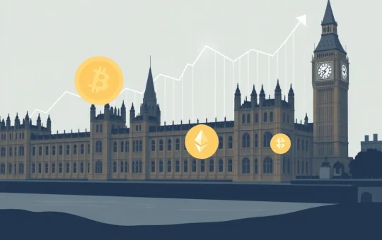 A digital representation of the UK financial landscape with Bitcoin and Ethereum symbols, illustrating the **UK FCA**'s proposed policy shift for retail crypto access.