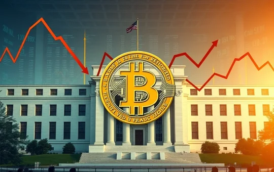 Bitcoin chart reacting to a Federal Reserve interest rate decision, symbolizing intense market speculation.