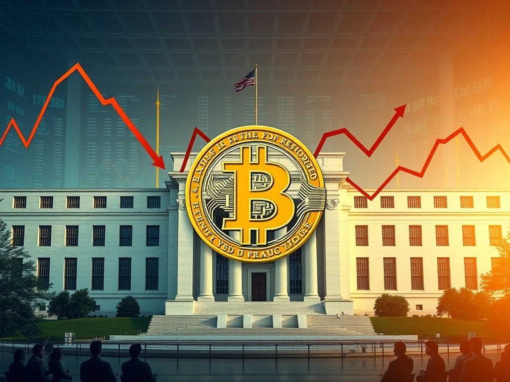 Bitcoin chart reacting to a Federal Reserve interest rate decision, symbolizing intense market speculation.