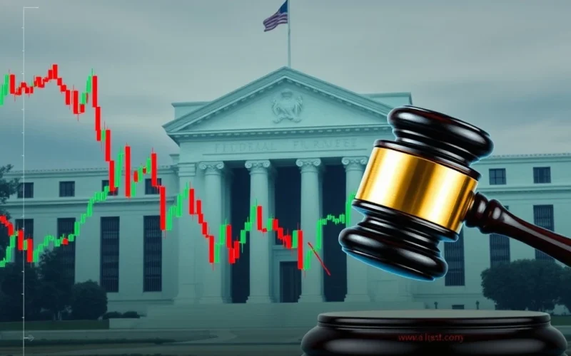 A symbolic representation of Bitcoin News, showing a digital coin standing firm against a backdrop of the US Fed building, signifying the central bank's interest rate decision.