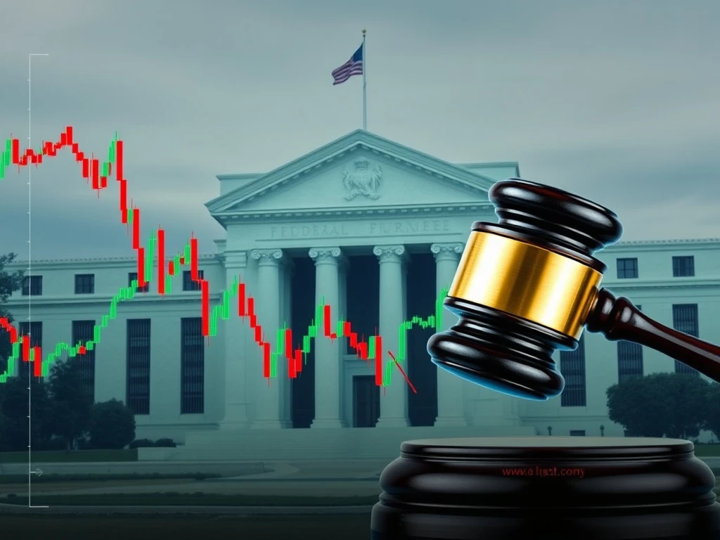 A symbolic representation of Bitcoin News, showing a digital coin standing firm against a backdrop of the US Fed building, signifying the central bank's interest rate decision.