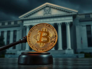 A gavel striking a Bitcoin coin, symbolizing Azoria Capital's Fed lawsuit demanding market transparency and impacting crypto volatility.