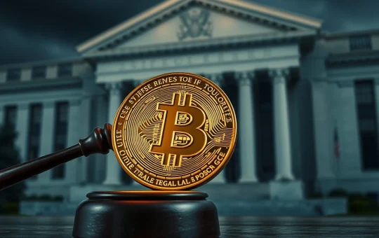 A gavel striking a Bitcoin coin, symbolizing Azoria Capital's Fed lawsuit demanding market transparency and impacting crypto volatility.