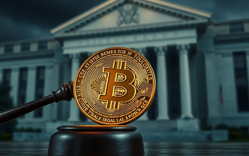 A gavel striking a Bitcoin coin, symbolizing Azoria Capital's Fed lawsuit demanding market transparency and impacting crypto volatility.