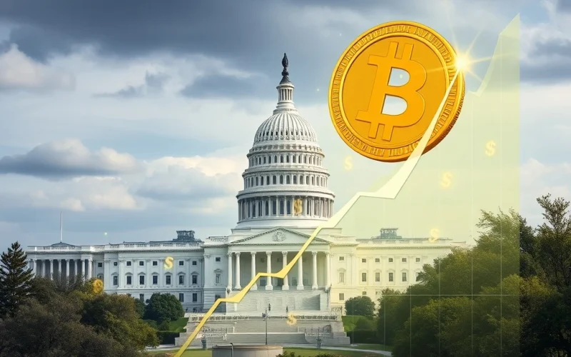 A visual representation of how a surging Bitcoin price contributes to US fiscal stability by boosting stablecoin growth and Treasury financing.