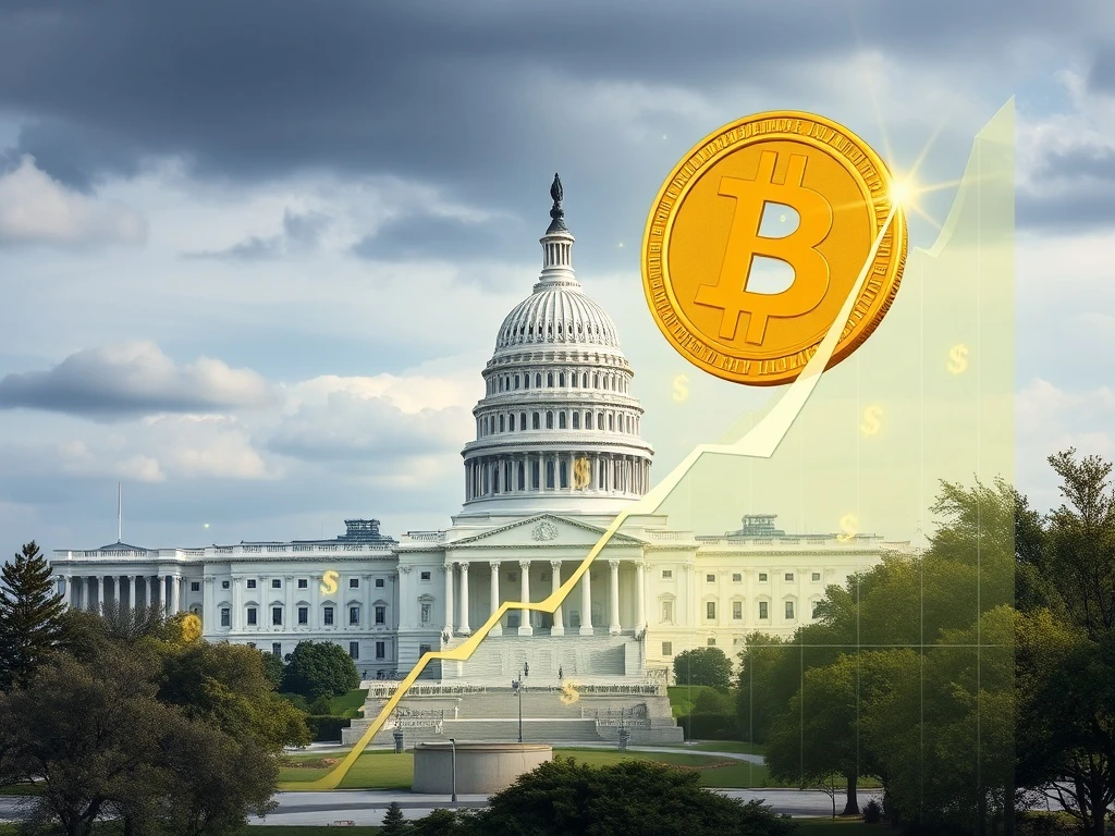 A visual representation of how a surging Bitcoin price contributes to US fiscal stability by boosting stablecoin growth and Treasury financing.