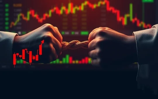 A visual metaphor showing the tension between falling Bitcoin futures open interest and a stable Bitcoin spot price, highlighting potential for a short squeeze.